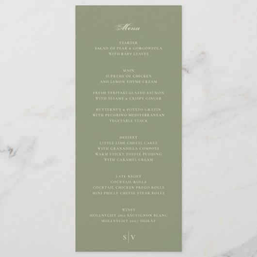 Elegant mos op Sage Green Monogram bruiloft Menu (Voorkant)