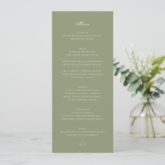 Elegant mos op Sage Green Monogram bruiloft Menu (Staand voorkant)