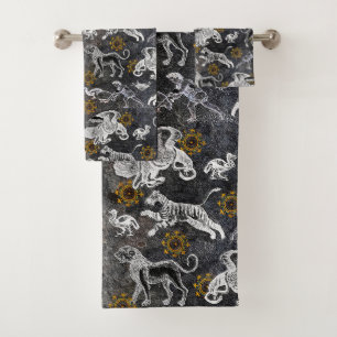 Elegant Mosaic Black White Gold Tiger Lion Eagle Bad Handdoek