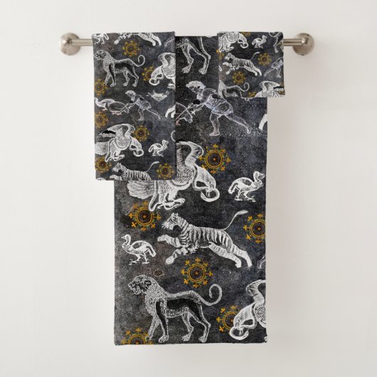 Elegant Mosaic Black White Gold Tiger Lion Eagle Bad Handdoek (Insitu)