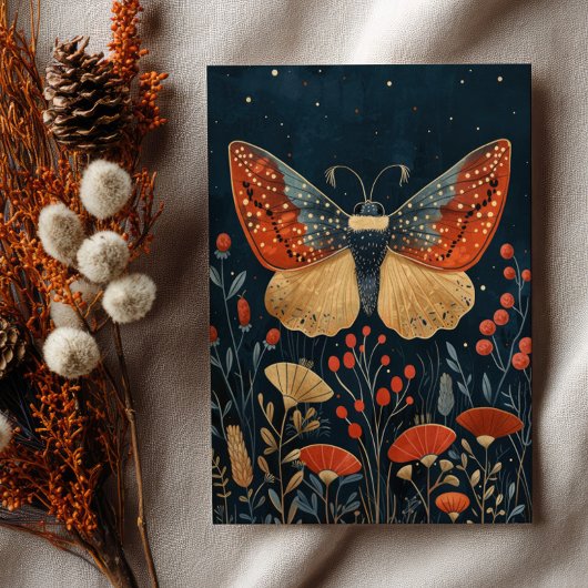 Elegant Moth Autumn Foliage Navy Blue Christmas  Briefkaart