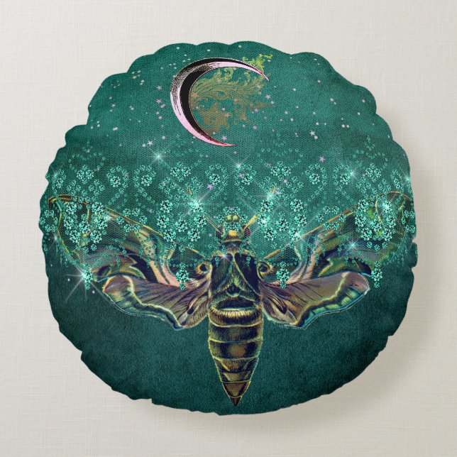 Elegant moth moon emerald night sparagelegant groe rond kussen (Voorkant)