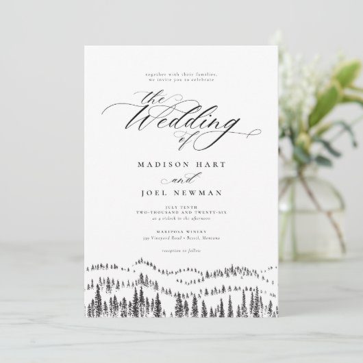 Elegant Mountain Forest Calligraphy Chic Wedding Kaart (Staand voorkant)