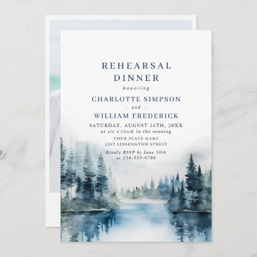Elegant Mountains Forest Rehearsal Dinner QR code Kaart (Voorkant / Achterkant)