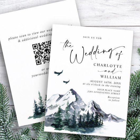 Elegant Mountains Forest Wedding QR code Kaart