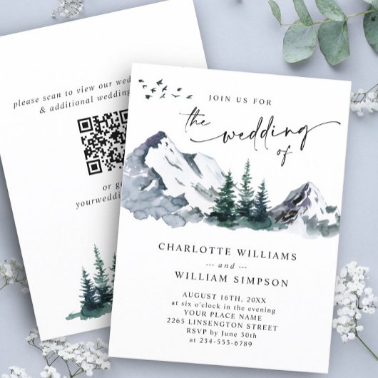 Elegant Mountains Forest Wedding QR code Kaart