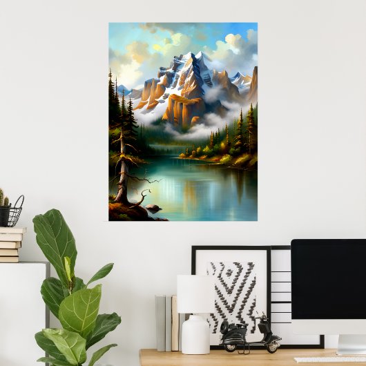Elegant Mountains Lake Impressionist AI schilderij Poster (Thuiskantoor)