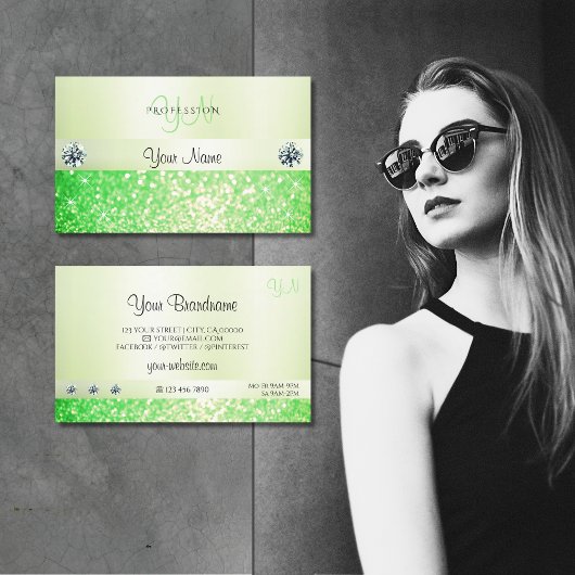 Elegant mousserend gras Green Glitter en Monogram Visitekaartje