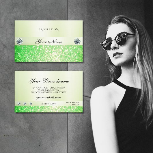 Elegant mousserend gras groene glitter en diamante visitekaartje