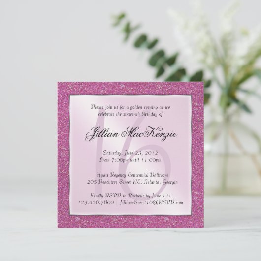 Elegant mousserend roze zoet 16 Glitter Invite Kaart (Staand voorkant)