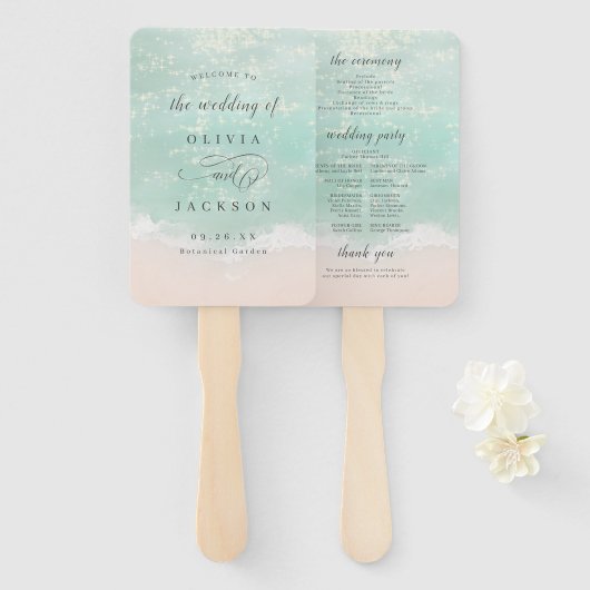 Elegant mousserende oceaanstrandtrouwprogramma's handwaaier (Voorkant en achterkant)