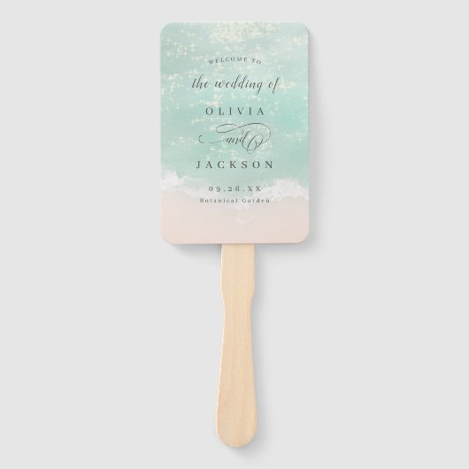 Elegant mousserende oceaanstrandtrouwprogramma's handwaaier (Voorkant)