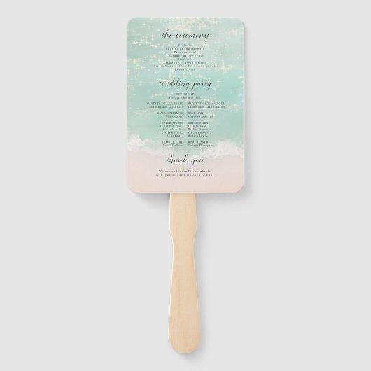 Elegant mousserende oceaanstrandtrouwprogramma's handwaaier (Achterkant)