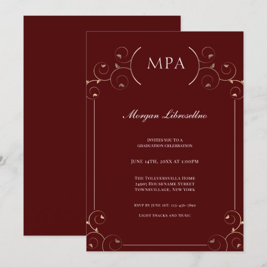 Elegant MPA Gold Burgundy Afstuderen Kaart (Voorkant / Achterkant)