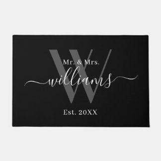 Elegant Mr en Mrs Black Grey Monogram Name Script Deurmat