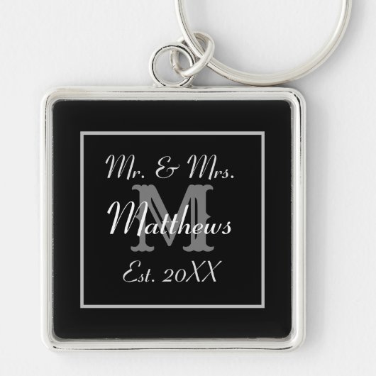 Elegant Mr. en Mrs Monogram Black Sleutelhanger (Voorkant)