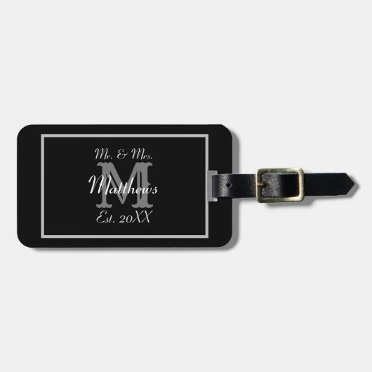 Elegant Mr. en Mrs. Naam Black Wedding Bagagelabel (Voorkant horizontaal)