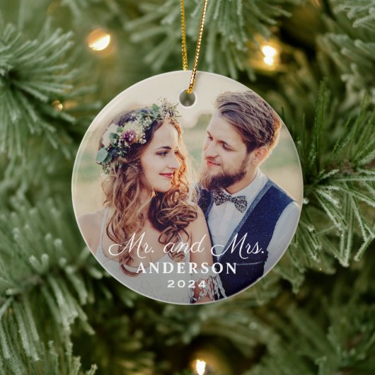 Elegant Mr en Mrs Wedding Custom Photo Monogram Keramisch Ornament (Boom)