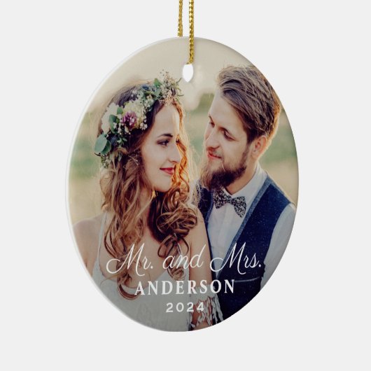 Elegant Mr en Mrs Wedding Custom Photo Monogram Keramisch Ornament (Rechts)
