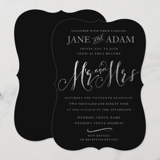 Elegant Mr & Mrs Black & Silver Typography Wedding Kaart (Voorkant / Achterkant)
