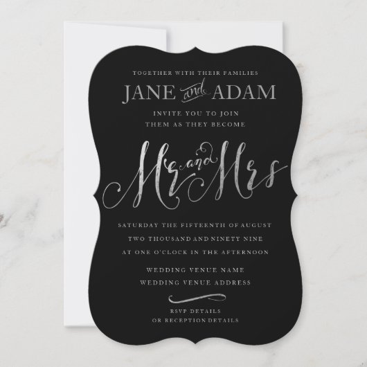 Elegant Mr & Mrs Black & Silver Typography Wedding Kaart (Voorkant)