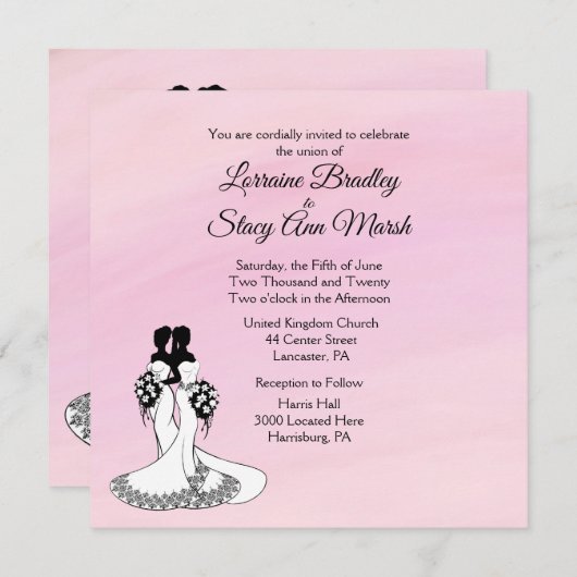 Elegant Mrs en Mrs Wedding Invitation Pink Kaart (Voorkant / Achterkant)