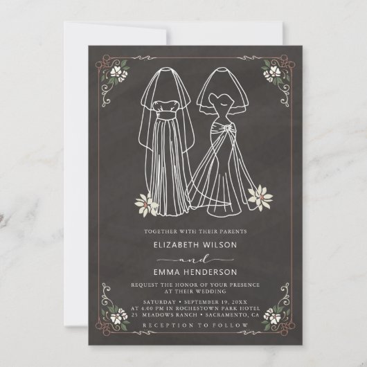 Elegant Mrs. & Mrs Chalkboard Wedding Kaart (Voorkant)