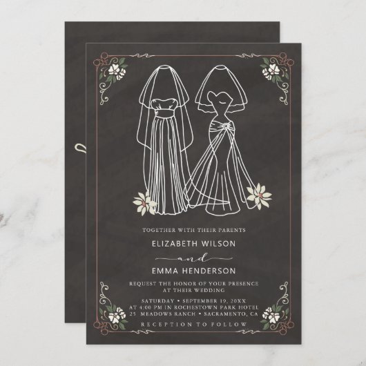 Elegant Mrs. & Mrs Chalkboard Wedding Kaart (Voorkant / Achterkant)