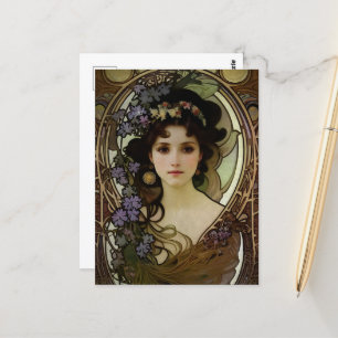 Elegant Mucha Style Portret van een mooie vrouw Briefkaart
