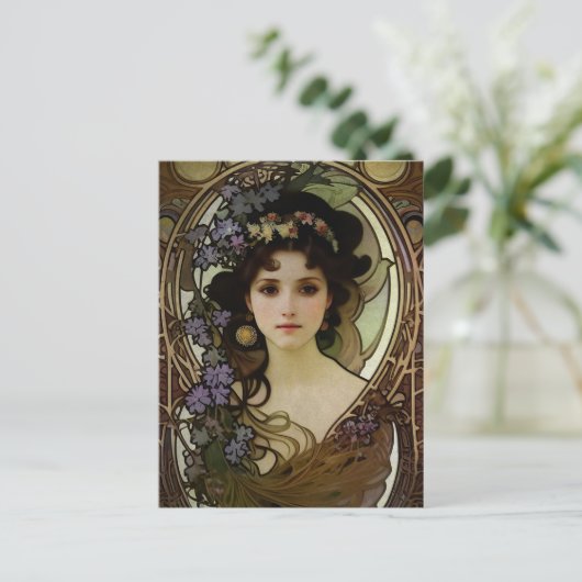 Elegant Mucha Style Portret van een mooie vrouw Briefkaart (Staand voorkant)