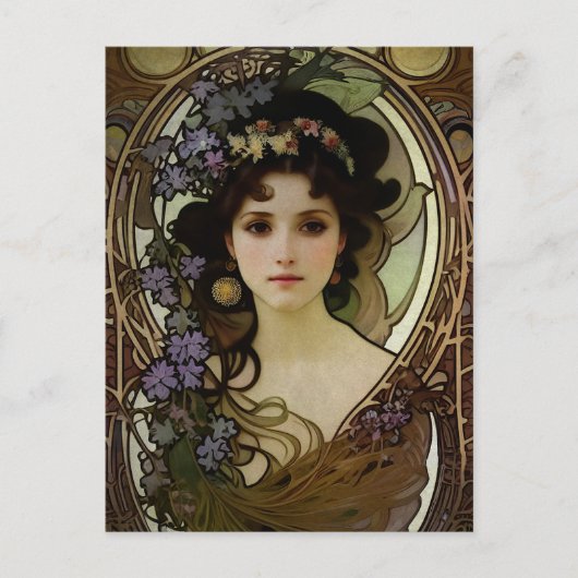 Elegant Mucha Style Portret van een mooie vrouw Briefkaart (Voorkant)