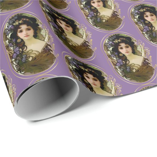 Elegant Mucha Style Portret van een mooie vrouw Cadeaupapier (Rol Hoek)