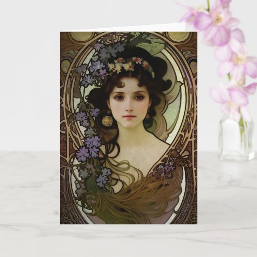 Elegant Mucha Style Portret van een mooie vrouw Kaart (Orchidee)