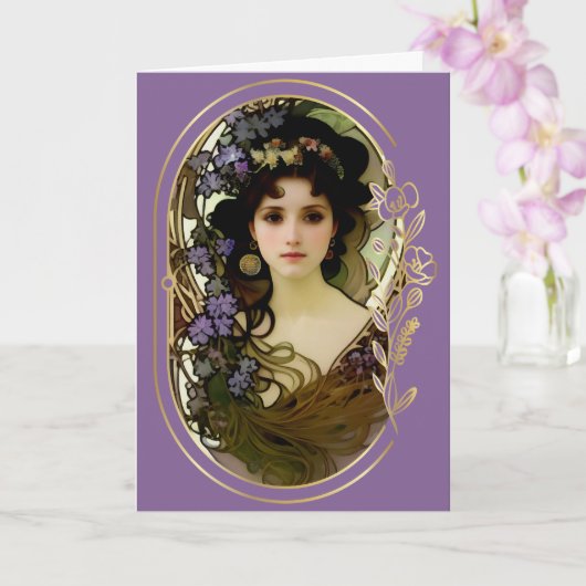 Elegant Mucha Style Portret van een mooie vrouw Kaart (Orchidee)