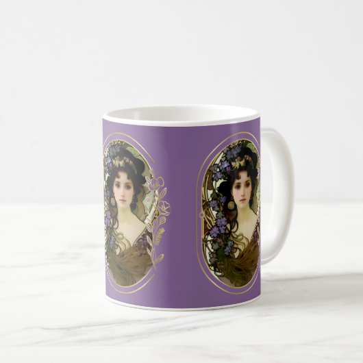 Elegant Mucha Style Portret van een mooie vrouw Koffiemok (Voorkant rechts)