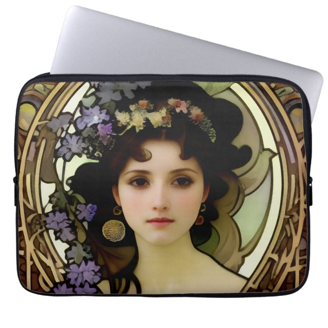 Elegant Mucha Style Portret van een mooie vrouw Laptop Sleeve (Voorkant)