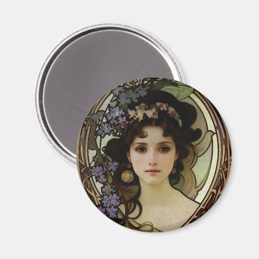 Elegant Mucha Style Portret van een mooie vrouw Magneet (Voorkant / Achterkant)