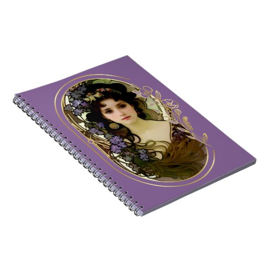 Elegant Mucha Style Portret van een mooie vrouw Notitieboek (Rechterzijde)