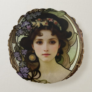 Elegant Mucha Style Portret van een mooie vrouw Rond Kussen