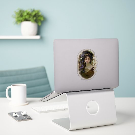 Elegant Mucha Style Portret van een mooie vrouw Sticker (Laptop op bureau)