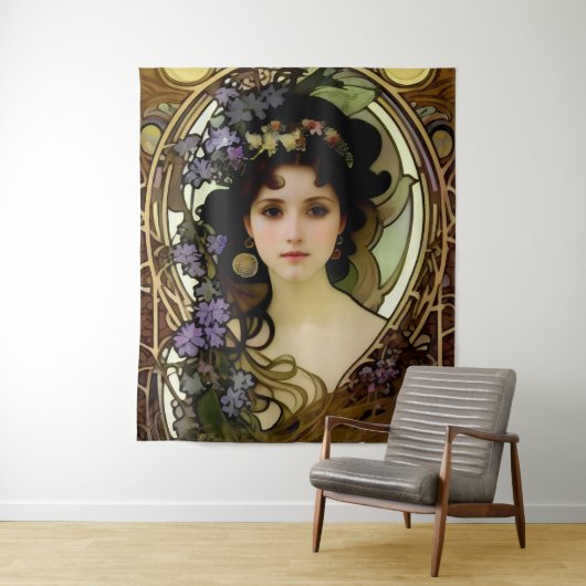 Elegant Mucha Style Portret van een mooie vrouw Wandkleed (In situ)