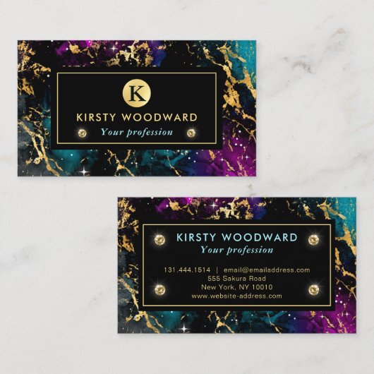 Elegant Multi Colors & Gold Galaxy Marble Visitekaartje (Voorkant / Achterkant)