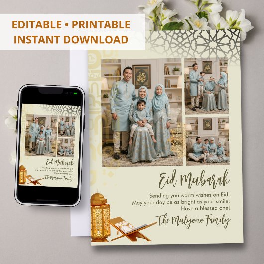 Elegant Multi-Photo Geometric Islamic Eid Mubarak  Feestdagenkaart