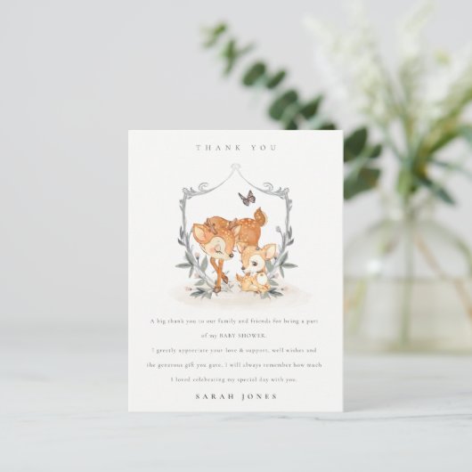 Elegant mum deer Fawn Floral Crest Baby shower Briefkaart (Staand voorkant)