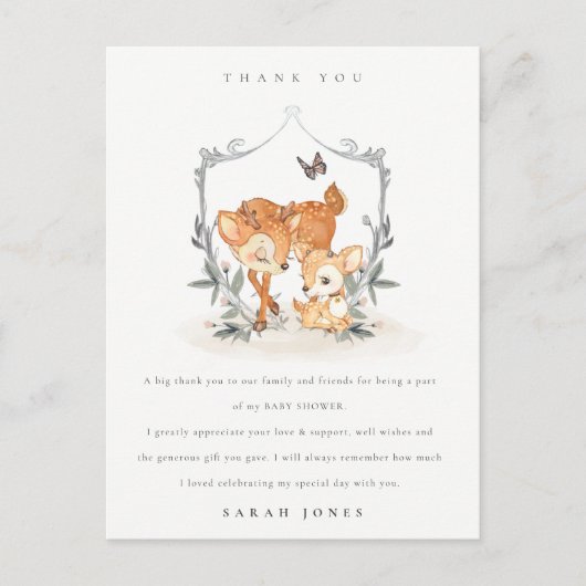 Elegant mum deer Fawn Floral Crest Baby shower Briefkaart (Voorkant)
