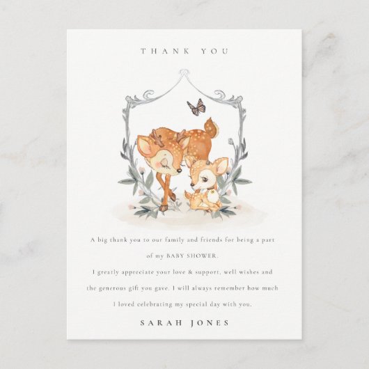 Elegant mum deer Fawn Floral Crest Baby shower Briefkaart (Voorkant)