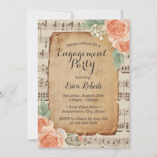 Elegant Music Engagement Party  Floral Kaart (Voorkant)