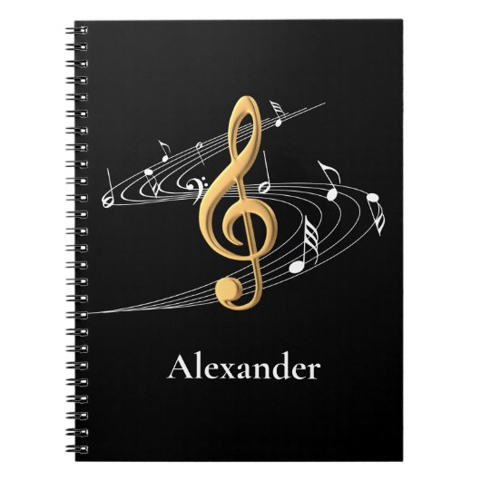 Elegant Music Gold Treble Clef Personalized Black Notitieboek (Voorkant)