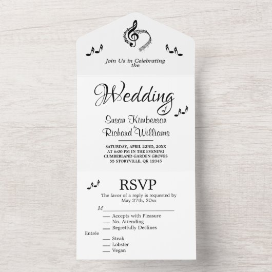 Elegant Music Wedding Theme All In One Uitnodiging (Binnen)