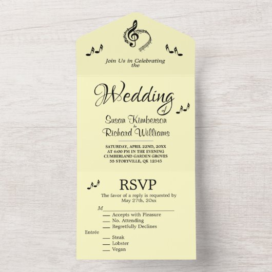 Elegant Music Wedding Theme Yellow All In One Uitnodiging (Binnen)